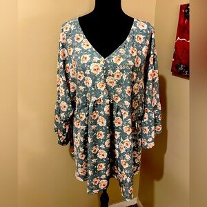 Andre by Unit Dusty Green & Pink Floral BOHO Blouse, size 2X